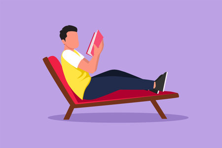 Graphic flat design drawing of reclined man reading book in lounge chair. Chill out time with good story concept. Smart male reader enjoying literature or studying. Cartoon style vector illustrationのイラスト素材