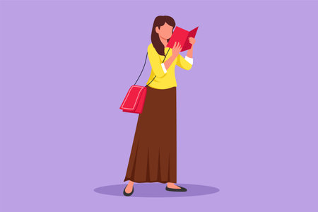 Graphic flat design drawing young lady with short hairstyle, trendy bag holding book. Girl reading function book or schoolbook. Student, bibliophile, literature fan. Cartoon style vector illustrationのイラスト素材