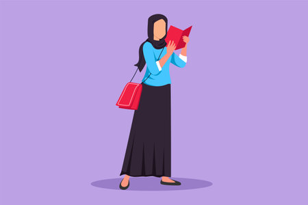 Graphic flat design drawing Arab female in fashionable veil, trendy bag, holding book. Girl reading function book or schoolbook. Student, bibliophile, literature fan. Cartoon style vector illustrationのイラスト素材