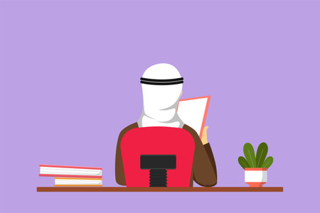 Cartoon flat style drawing back view of Arab man sitting at desk and reading book in library. Smart student studying hard and preparing for exam with pile of books. Graphic design vector illustrationのイラスト素材
