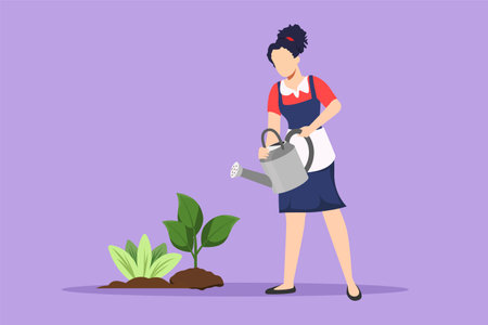 Graphic flat design drawing lovely young woman or gardener taking care of home garden. Beautiful female watering houseplants growing in greenhouse with watering can. Cartoon style vector illustrationのイラスト素材