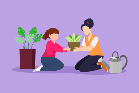 Graphic flat design drawing happy mom and her daughter gardening. Having hobby with kid. Mom and baby girl planting flowers. Idea of happy motherhood and childhood. Cartoon style vector illustrationのイラスト素材