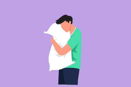 Graphic flat design drawing tired male hugs pillow at home. Young man stands with his eyes closed...