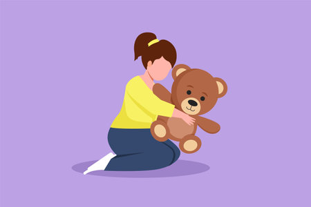 Character flat drawing little girl kid holding, kneeling, and hugging teddy bear doll. Early childhood development, child playing with her toys, happy children day. Cartoon design vector illustrationのイラスト素材