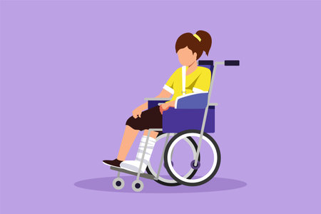 Character flat drawing of little sad girl with leg in plaster. Injured upset kid sitting in wheelchair with broken leg. Child with fractured leg suffering from pain. Cartoon design vector illustrationのイラスト素材