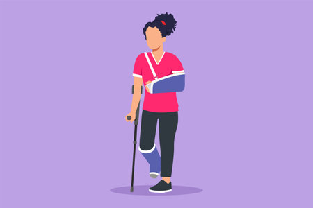 Cartoon flat style drawing injured woman having head bandage, broken ankle, wrist cast walking with crutch, medical plaster on leg and arm. Sick female in hospital. Graphic design vector illustrationのイラスト素材