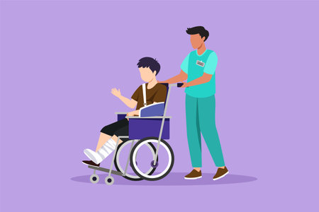 Character flat drawing disabled little boy with broken hand, leg riding wheelchair with nurse assistance. Kids patient in traumatology hospital. Disability concept. Cartoon design vector illustrationのイラスト素材