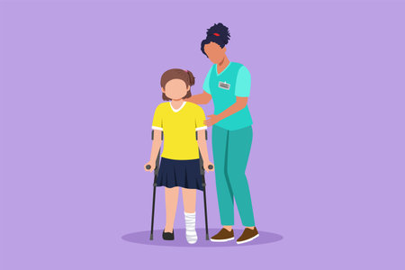 Cartoon flat style drawing little girl patient learn walking using crutches with help doctor physiotherapist. Physiotherapy treatment of people injury, disability. Graphic design vector illustrationのイラスト素材
