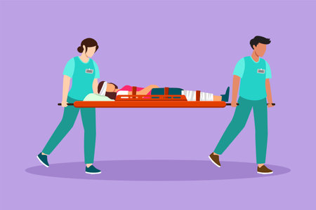 Graphic flat design drawing paramedic team of woman doctors moving with injured sick patient on stretcher to ambulance car. Saving lives, calling emergency accident. Cartoon style vector illustrationのイラスト素材