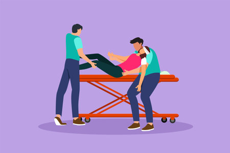 Graphic flat design drawing unconscious woman patient in emergency room. Nurse, wearing white coat with wheelchair. Nurse boys, putting down young female on gurney. Cartoon style vector illustrationのイラスト素材