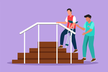 Graphic flat design drawing therapist working and helping male patient climbing the stairs, medical rehabilitation, physical therapy activity. Healthcare treatment. Cartoon style vector illustrationのイラスト素材