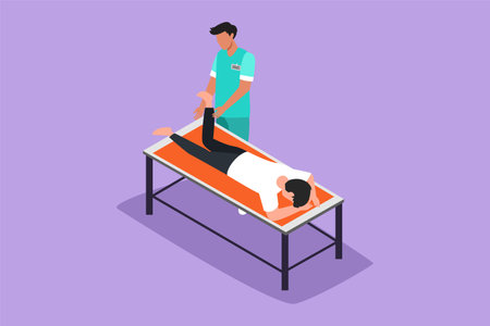 Character flat drawing physiotherapy rehabilitation assistance. Injury man patient lying on massage table therapist doing healing treatment massaging injured foot. Cartoon design vector illustrationのイラスト素材