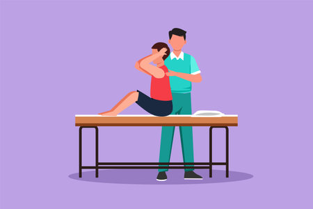 Cartoon flat style drawing of man sitting on massage table masseur doing healing treatment massaging injured patient manual physical therapy medical rehabilitation. Graphic design vector illustrationのイラスト素材