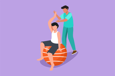 Character flat drawing physiotherapy rehabilitation isometric composition with young man patient sitting on ball and male doctor holding his hand. Medical concept. Cartoon design vector illustrationのイラスト素材