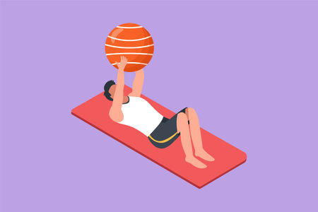 Cartoon flat style drawing physiotherapy rehabilitation isometric composition with male lying on mat, lifting on rubber ball. Healthcare medical program in hospital. Graphic design vector illustrationのイラスト素材