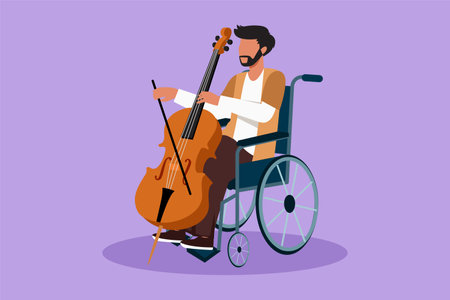 Graphic flat design drawing young Arabian man sitting in wheelchair plays cello in concert. Disability and classical music. Physically disabled. Person in hospital. Cartoon style vector illustrationのイラスト素材