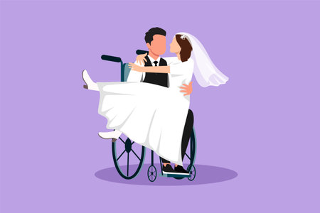 Cartoon flat style drawing disabled man carrying woman in wheelchair with dress. Happy couple at wedding celebration. Happy family. Positive man with special needs. Graphic design vector illustrationのイラスト素材