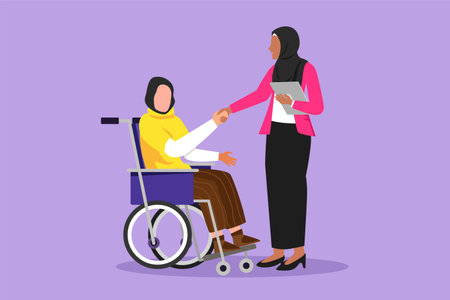 Character flat drawing disability employment responsibility, work for disabled people. Disable Arabian woman sit in wheelchair shaking hand with colleague in office. Cartoon design vector illustrationのイラスト素材