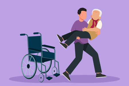 Cartoon flat style drawing loving son took his old disabled father from wheelchair treatment, carrying him in his arms. Happy senior man in hugs of his strong child. Graphic design vector illustrationのイラスト素材