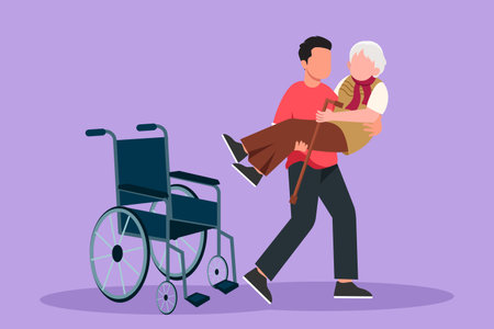 Graphic flat design drawing loving son took his old disabled beautiful mother from wheelchair carrying her in his arms. Happy senior lady in hugs of her strong child. Cartoon style vector illustrationのイラスト素材