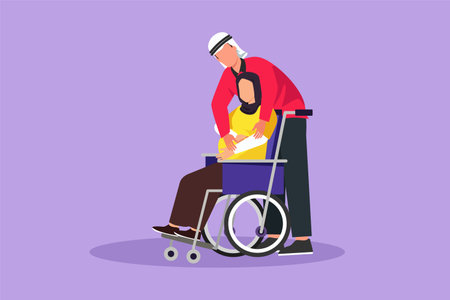 Cartoon flat style drawing Arab male touching belly of disabled pregnant woman sitting on wheelchair. Happy family relations, pregnancy, loving people awaiting baby. Graphic design vector illustrationのイラスト素材