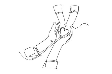 Single one line drawing children giving love heart shaped to mother or father. Mom and dad loving care parenting. Family insurance sign symbol. Continuous line draw design graphic vector illustrationのイラスト素材