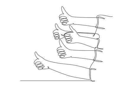 Single one line drawing happy people arm hands with thumbs up gesture. Good service excellence in business and industry sector concept. Modern continuous line draw design graphic vector illustrationのイラスト素材