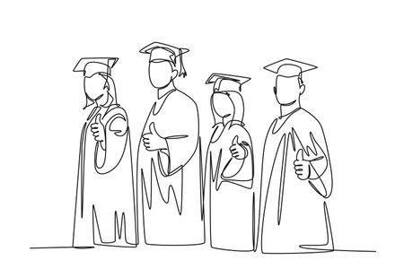 Continuous one line drawing group of young happy graduate male and female college student wearing gown and holding diploma certificate paper. Education. Single line design vector graphic illustrationのイラスト素材