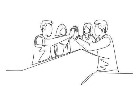 Single continuous line drawing of businessmen and businesswomen celebrating their successive goal at business meeting with high five gesture. Business deal. One line graphic design vector illustrationのイラスト素材