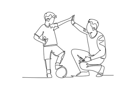 Continuous one line drawing young happy father bow his body to give high five gesture to his boy while playing soccer on football court. Parenting concept. Single line draw design vector illustrationのイラスト素材