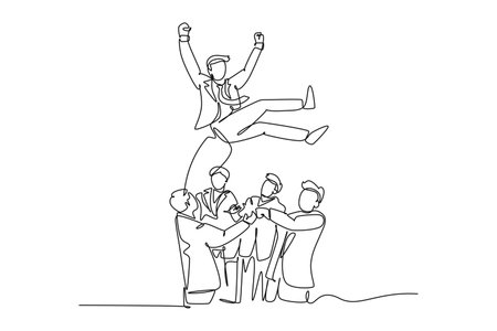Single continuous line drawing group of happy businessman toss up person celebrating success victory achievement together. Joyful team congratulation man colleague. One line design vector illustrationのイラスト素材