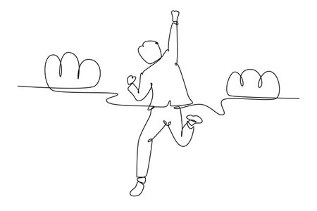 Continuous one line drawing back view of young happy business man punching fist into the air and jumping over cloud. Business success celebration. Single line draw design vector graphic illustrationのイラスト素材
