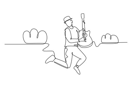 Continuous one line drawing young energetic guitarist jumping at stage and playing electric guitar. Energetic musician artist performance concept. Single line draw design vector graphic illustrationのイラスト素材