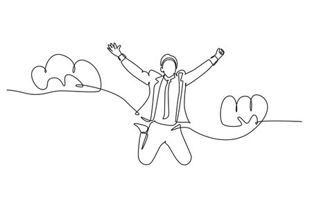 Single one line drawing young happy and energetic business man stretch out his hands into the air and jumping over cloud. Business celebration. Continuous line draw design graphic vector illustrationのイラスト素材