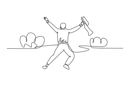 Single one line drawing back view of happy business man stretch out his hands into the air and jumping over the cloud. Business celebration. Continuous line draw design graphic vector illustrationのイラスト素材