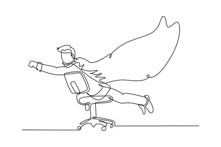 Single one line drawing young happy business man spreading a wing and pretend as super hero who flying using an office chair. Business success. Continuous line draw design graphic vector illustrationのイラスト素材
