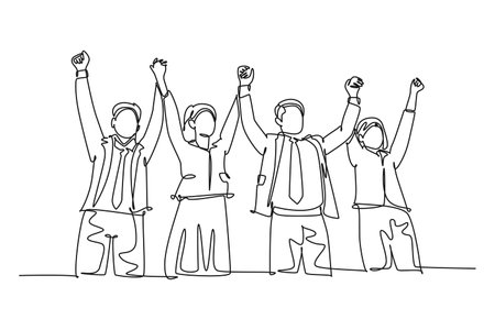 Single continuous line drawing of group of male manager and female manager hold hands each other to celebrate their success win tender. Team work goal. One line draw graphic design vector illustrationのイラスト素材
