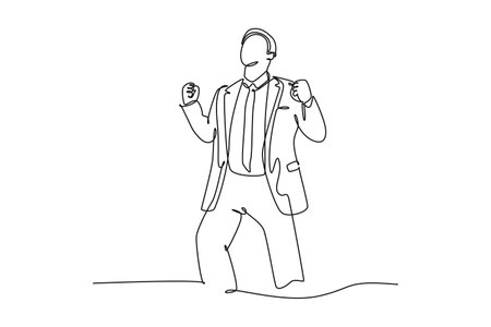 Single one line drawing young happy CEO standing and fist his hands to the air to celebrate new funding from investor. Business funding concept. Continuous line draw design graphic vector illustrationのイラスト素材