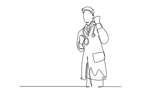 Continuous one line drawing of young happy male doctor fist his hands to the air to celebrate his success treating the patient. Medical health care. Single line draw design vector graphic illustrationのイラスト素材