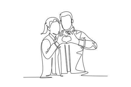 Single continuous line drawing young happy man and woman couple hands forming cute heart shape together. Romantic engaged anniversary concept. Dynamic one line draw graphic design vector illustrationのイラスト素材