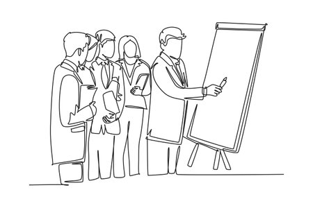 Continuous one line drawing senior manager giving presentation and instruction to the marketing staff on flip chart. Business group meeting concept. Single line draw design vector graphic illustrationのイラスト素材