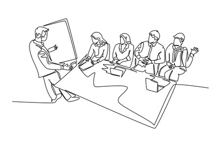 Single one line drawing young male business manager giving presentation to train apprentices at the office during meeting. Job training concept. Continuous line draw design graphic vector illustrationのイラスト素材