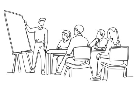 Single continuous line drawing happy trainer teaching life skill and interpersonal skill lessons to young CEOs. Business training and meeting concept. One line draw graphic design vector illustrationのイラスト素材