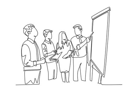 Single continuous line drawing young happy manager giving presentation about increasing product sales to his team at the office. Group meeting concept. One line draw graphic design vector illustrationのイラスト素材