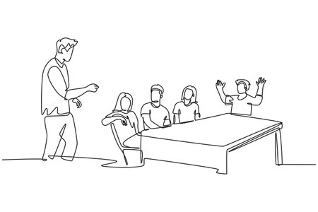 Single one line drawing young startup CEO lead the company gathering and meeting with his team member at the office. Business meeting concept. Continuous line draw design graphic vector illustrationのイラスト素材