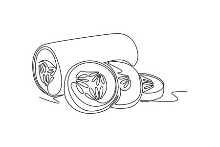 Single continuous line drawing whole and sliced healthy organic cucumber for orchard logo identity. Fresh vegetable concept for vegan garden. Dynamic one line draw graphic design vector illustrationのイラスト素材