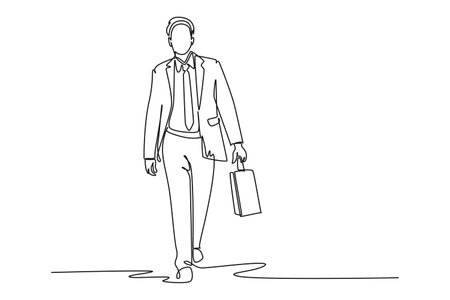 Single one line drawing young male manager walking on town street to go to office while holding suitcase. Urban commuter worker concept. Modern continuous line draw design graphic vector illustrationのイラスト素材