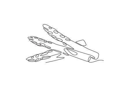 Single one line drawing whole healthy organic asparagus for plantation logo identity. Fresh perennial flowering plant concept for veggie icon. Continuous line draw design graphic vector illustrationのイラスト素材