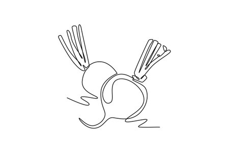 Single one line drawing two whole healthy organic red radish for plantation logo identity. Fresh veggie concept for edible root vegetable icon. Continuous line draw design graphic vector illustrationのイラスト素材