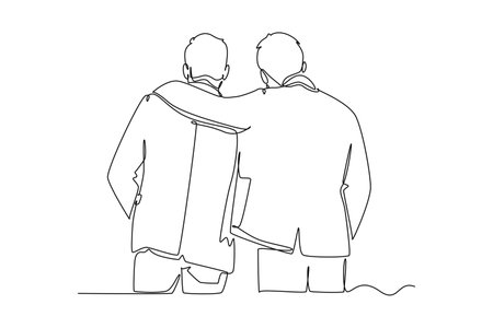 Single one line drawing back view of young happy businessmen hugging each other to show support when meeting at the office. Business friendship. Continuous line draw design graphic vector illustrationのイラスト素材